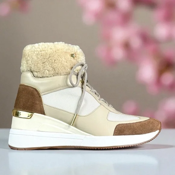 MICHAEL KORS Liv Cream and Brown High-Top Sneakers Size 8 Women - Picture 1 of 15